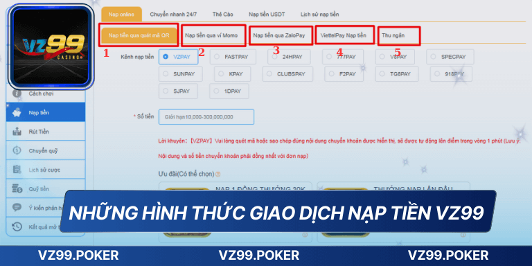 Những hình thức giao dịch nạp tiền VZ99